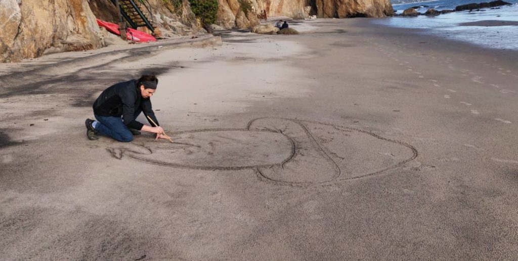 Drawing mushroom on a sandy beach